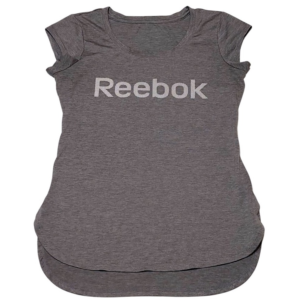 Reebok Womens‎ Gray Heathered Logo Short Sleeve Activewear Top Size XS